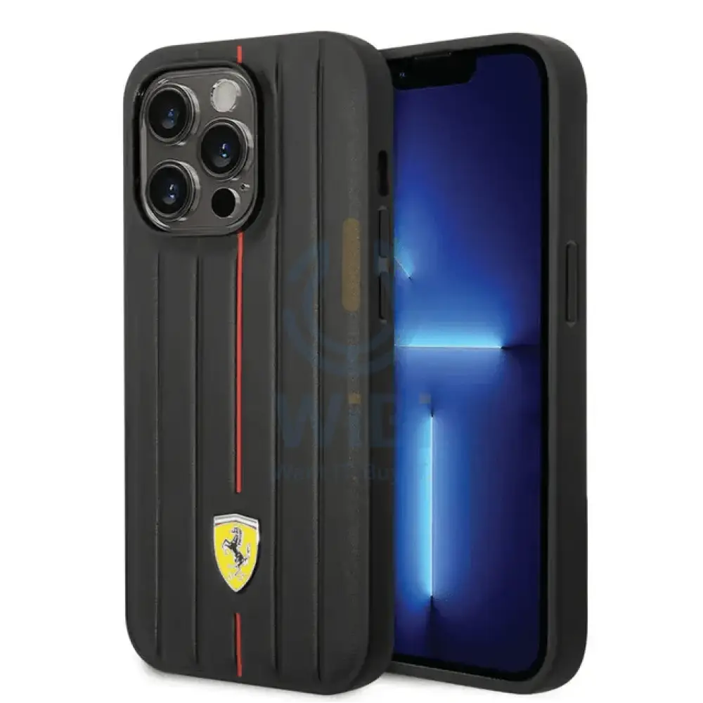 Ferrari iPhone 14 Pro Max Leather Case With Embossed Stripes & Yellow Shield Logo - Black Accessories > Mobiles &