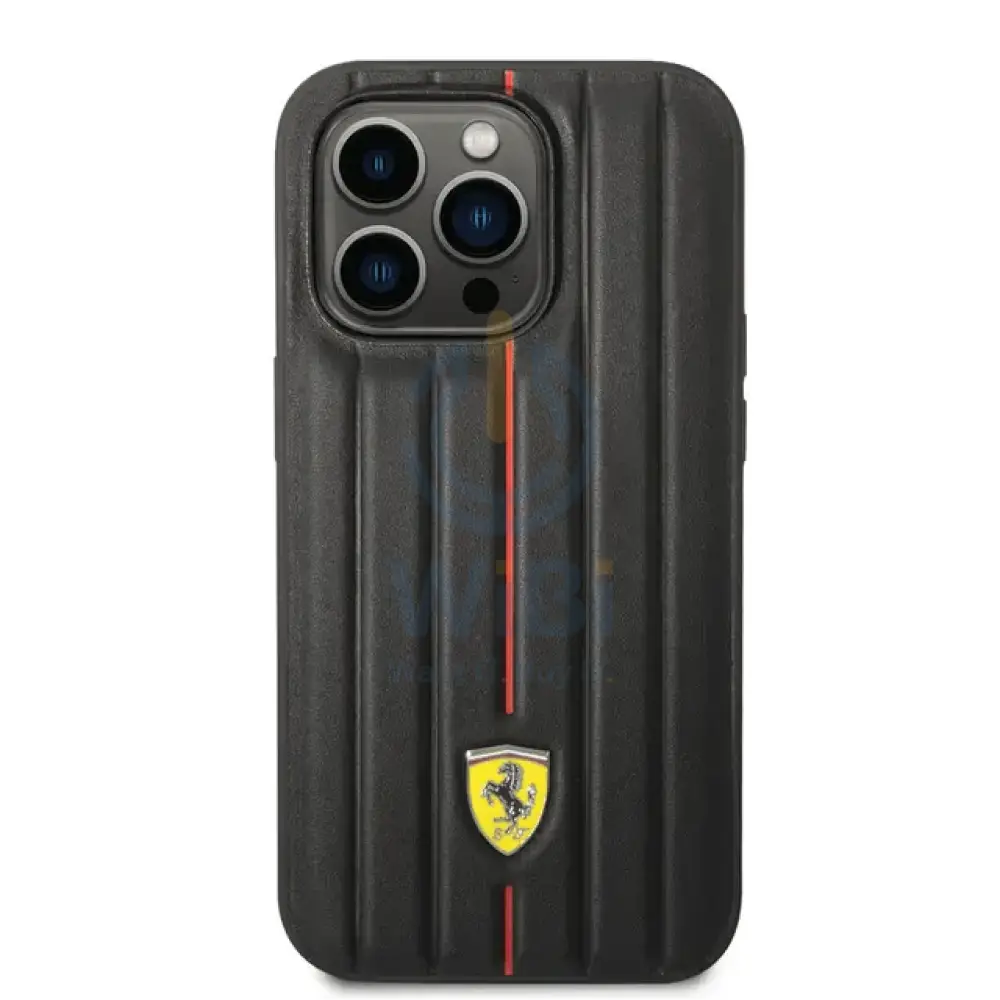 Ferrari iPhone 14 Pro Max Leather Case With Embossed Stripes & Yellow Shield Logo - Black Accessories > Mobiles &