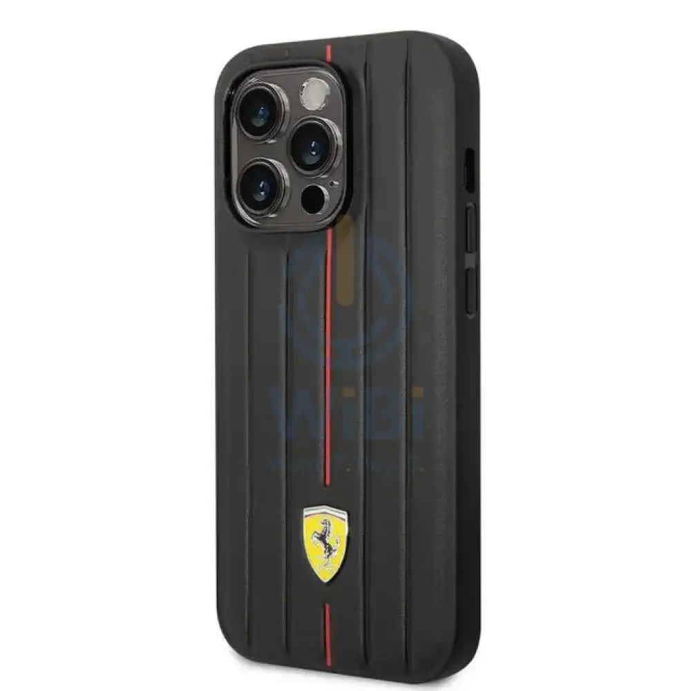 Ferrari iPhone 14 Pro Max Leather Case With Embossed Stripes & Yellow Shield Logo - Black Accessories > Mobiles &