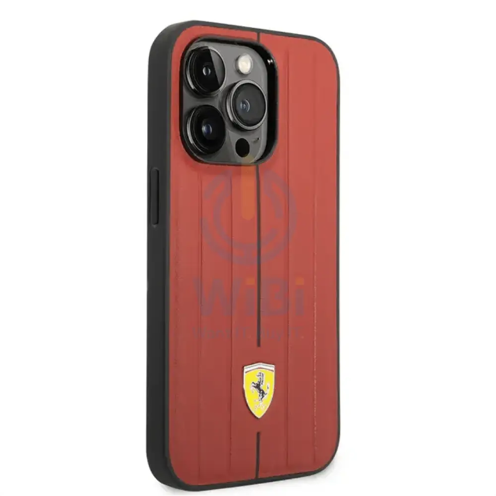 Ferrari iPhone 14 Pro Max Leather Case With Embossed Stripes & Yellow Shield Logo - Red Accessories > Mobiles & Tablets