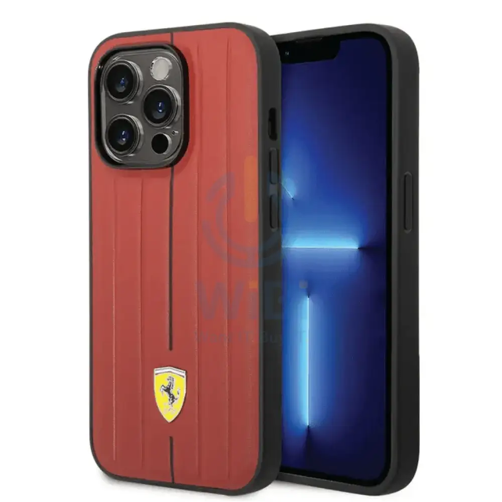 Ferrari iPhone 14 Pro Max Leather Case With Embossed Stripes & Yellow Shield Logo - Red Accessories > Mobiles & Tablets