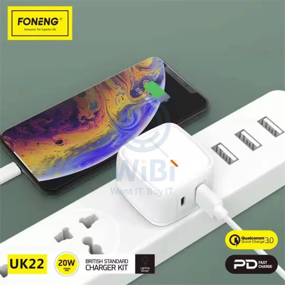 Foneng Lightning Charger - UK22 / Qc + PD / 20W / White Accessories > Power Adapters
