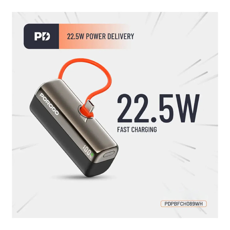 Porodo Pocket Volt Power Bank - 5000mAh / 22.5W / USB-C / Black