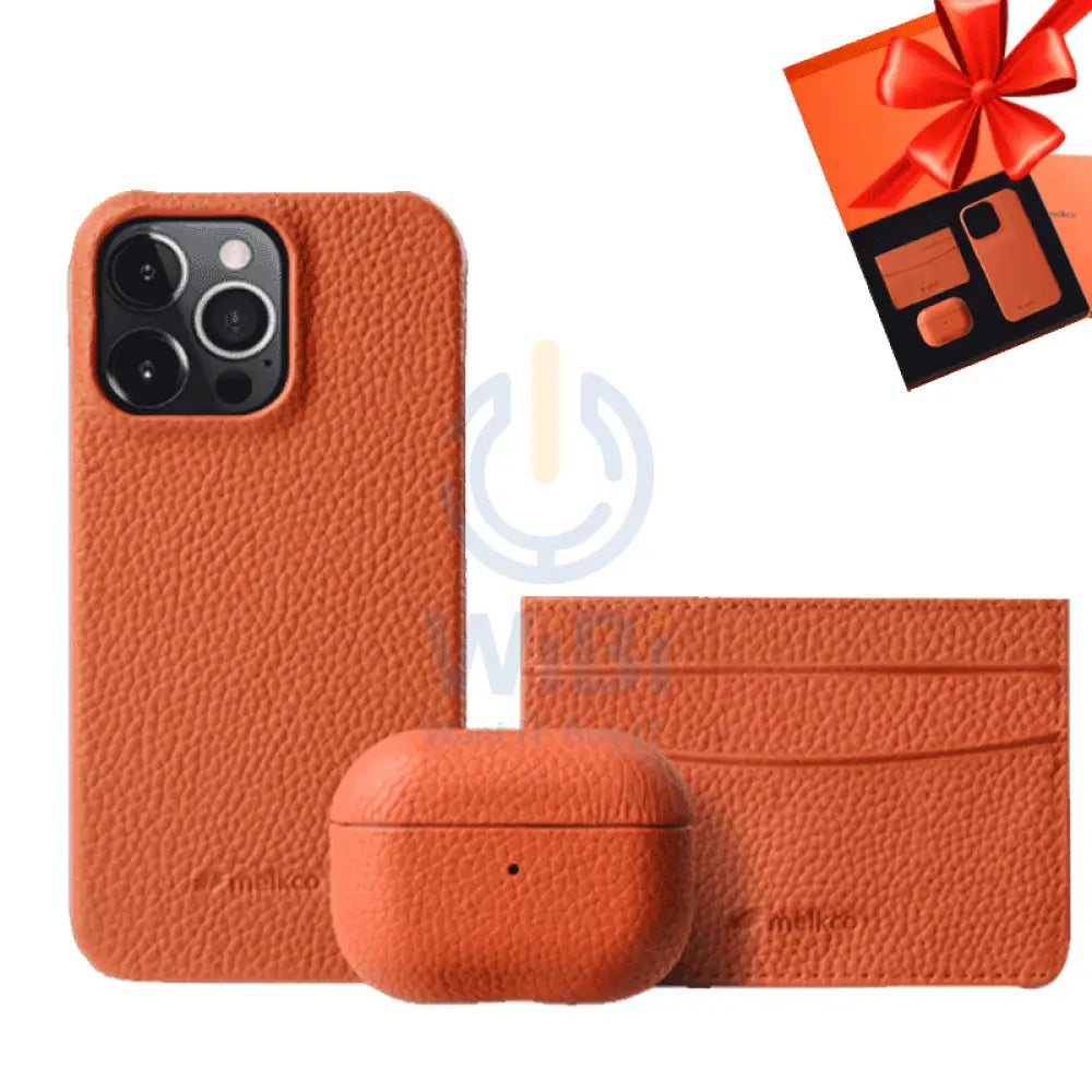 Gift Set Leather Case iPhone 12 Pro- Airpod Pro - Wallet - Orange Accessories > Mobiles & Tablets