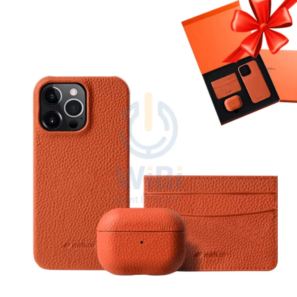 Gift Set Leather Case iPhone 13 Pro Max - Airpod Pro - Wallet - Orange Accessories > Mobiles & Tablets