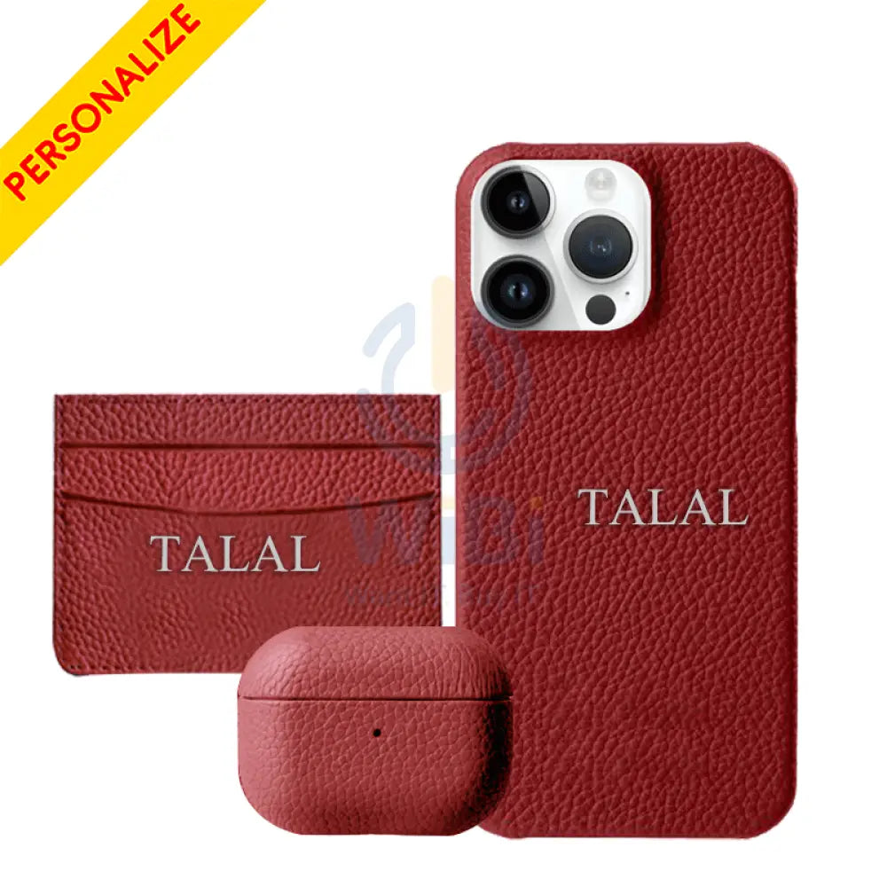 Gift Set Leather Case iPhone 14 Pro Max - Airpod 3 - Wallet - RED Accessories > Mobiles & Tablets