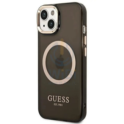Guess Apple iPhone 14 Plus Magsafe Compatible Translucent Gold Outline & Logo - Black Accessories > Mobiles & Tablets >