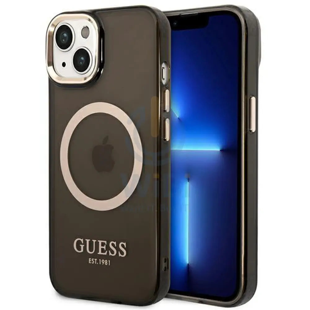 Guess Apple iPhone 14 Plus Magsafe Compatible Translucent Gold Outline & Logo - Black Accessories > Mobiles & Tablets >