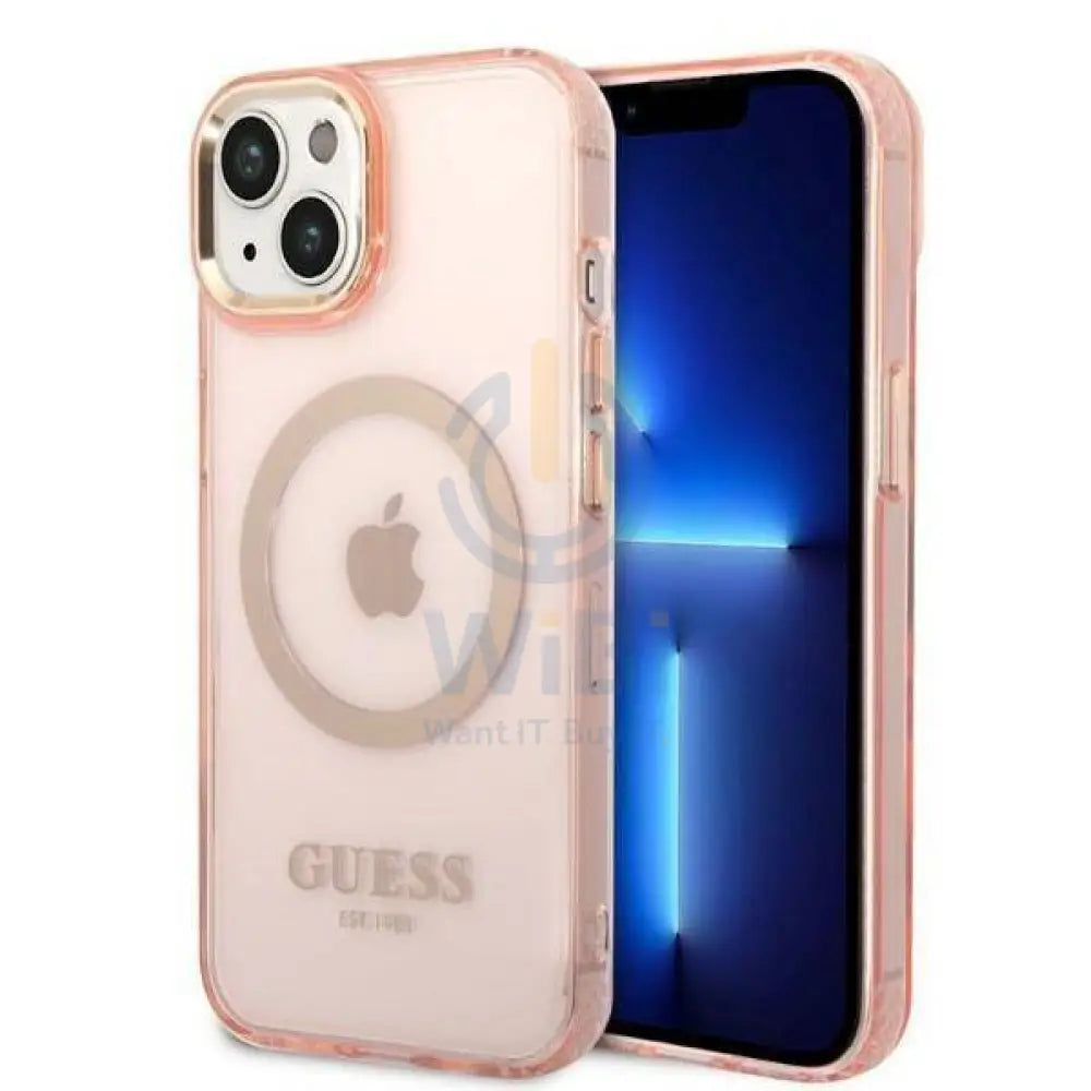 Guess Apple iPhone 14 Plus Magsafe Compatible Translucent Gold Outline & Logo - Pink Accessories > Mobiles & Tablets >