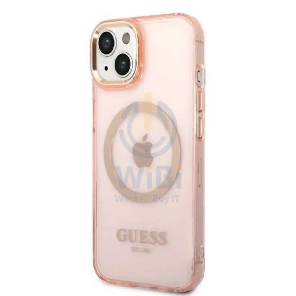 Guess Apple iPhone 14 Plus Magsafe Compatible Translucent Gold Outline & Logo - Pink Accessories > Mobiles & Tablets >
