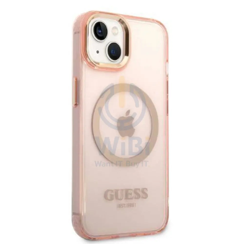 Guess Apple iPhone 14 Plus Magsafe Compatible Translucent Gold Outline & Logo - Pink Accessories > Mobiles & Tablets >