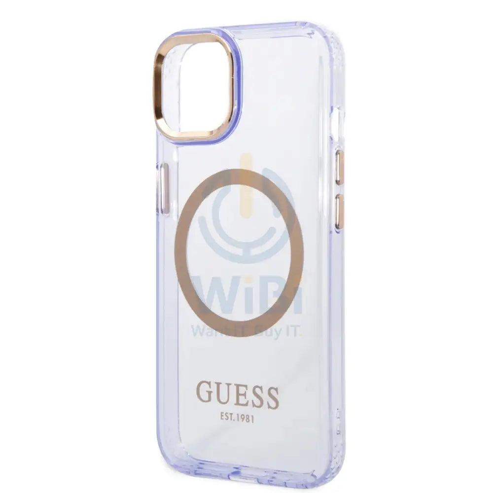 Guess Apple iPhone 14 Plus Magsafe Compatible Translucent Gold Outline & Logo - Purple Accessories > Mobiles & Tablets
