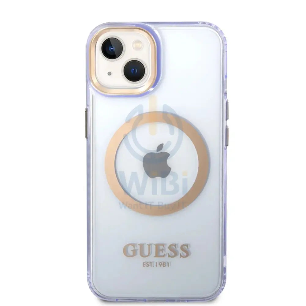 Guess Apple iPhone 14 Plus Magsafe Compatible Translucent Gold Outline & Logo - Purple Accessories > Mobiles & Tablets