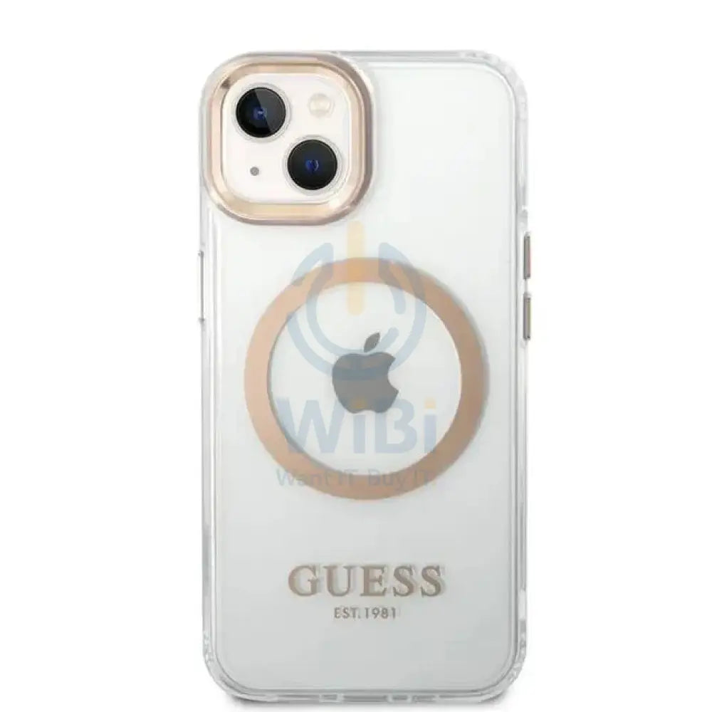 Guess Apple iPhone 14 Plus Magsafe Compatible Translucent Gold Outline & Logo - Transparent Accessories > Mobiles &