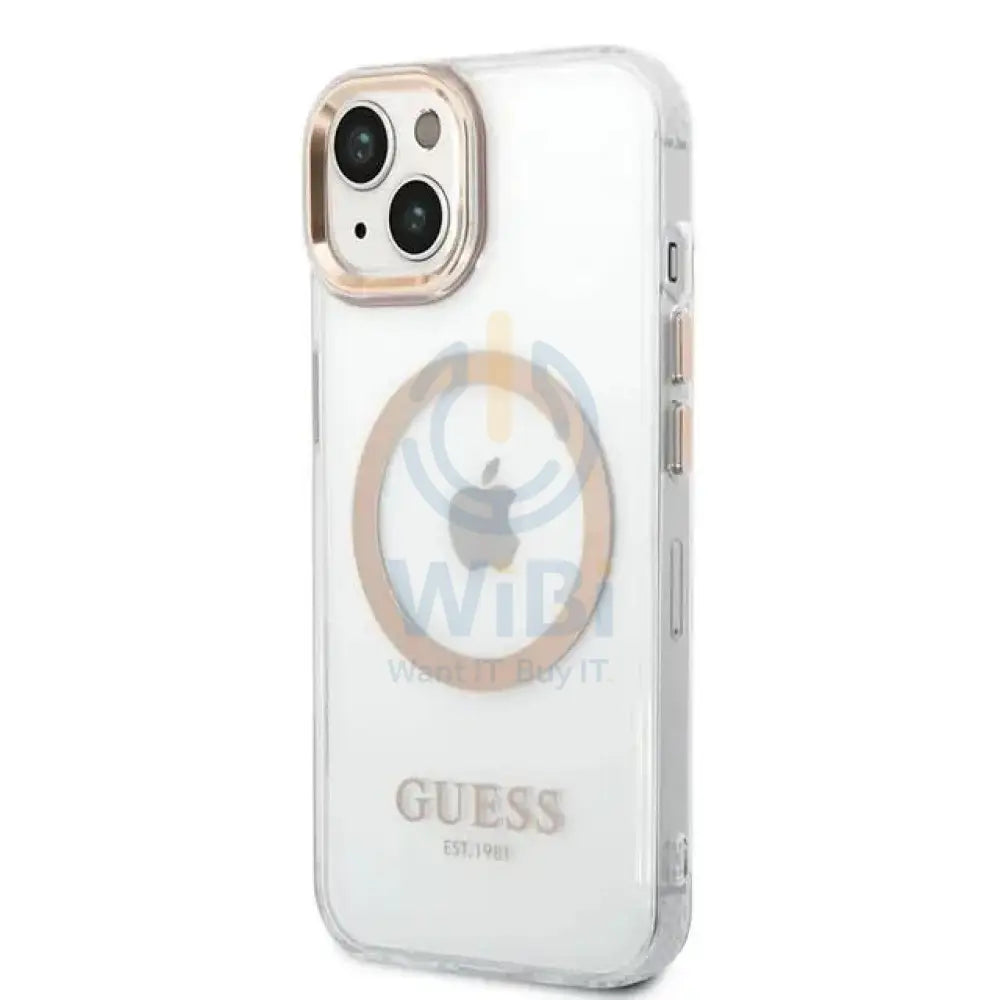 Guess Apple iPhone 14 Plus Magsafe Compatible Translucent Gold Outline & Logo - Transparent Accessories > Mobiles &