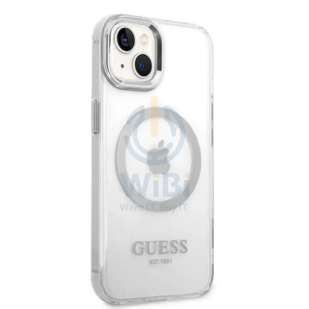 Guess Apple iPhone 14 Plus Magsafe Compatible Translucent Silver Outline & Logo - Silver Accessories > Mobiles &