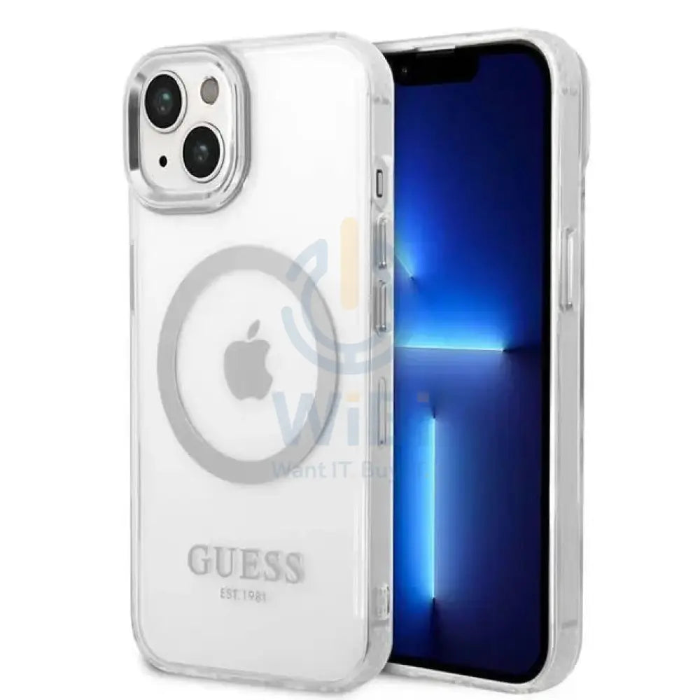 Guess Apple iPhone 14 Plus Magsafe Compatible Translucent Silver Outline & Logo - Silver Accessories > Mobiles &