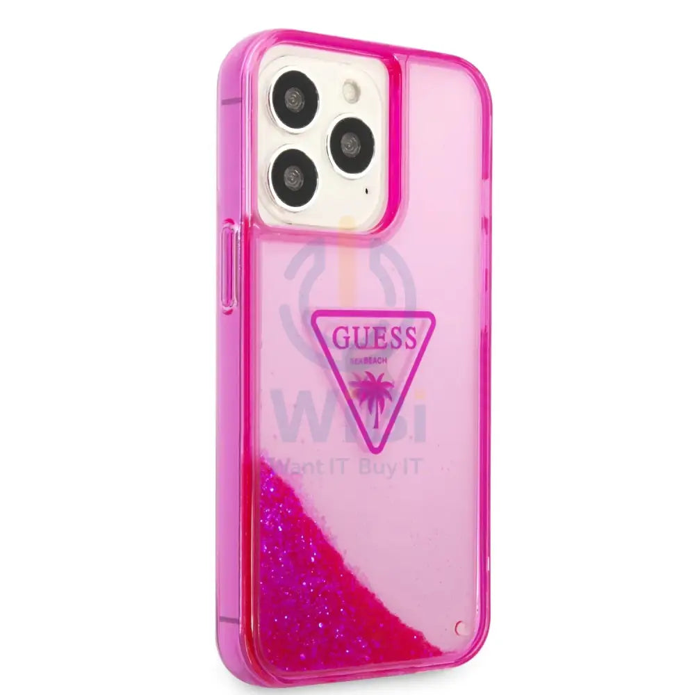 Guess Apple iPhone 14 Pro Liquid Glitter Case With Translucent Triangle Logo - Pink Accessories > Mobiles & Tablets >