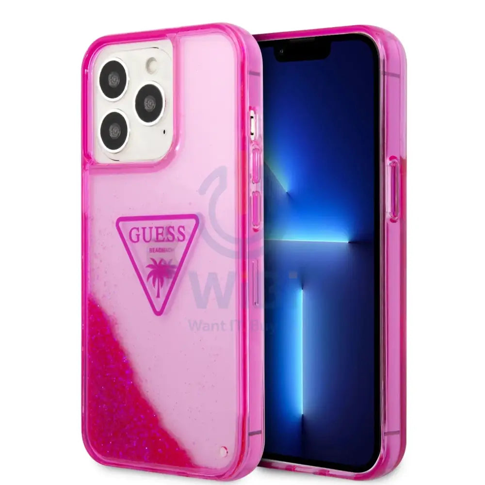 Guess Apple iPhone 14 Pro Liquid Glitter Case With Translucent Triangle Logo - Pink Accessories > Mobiles & Tablets >