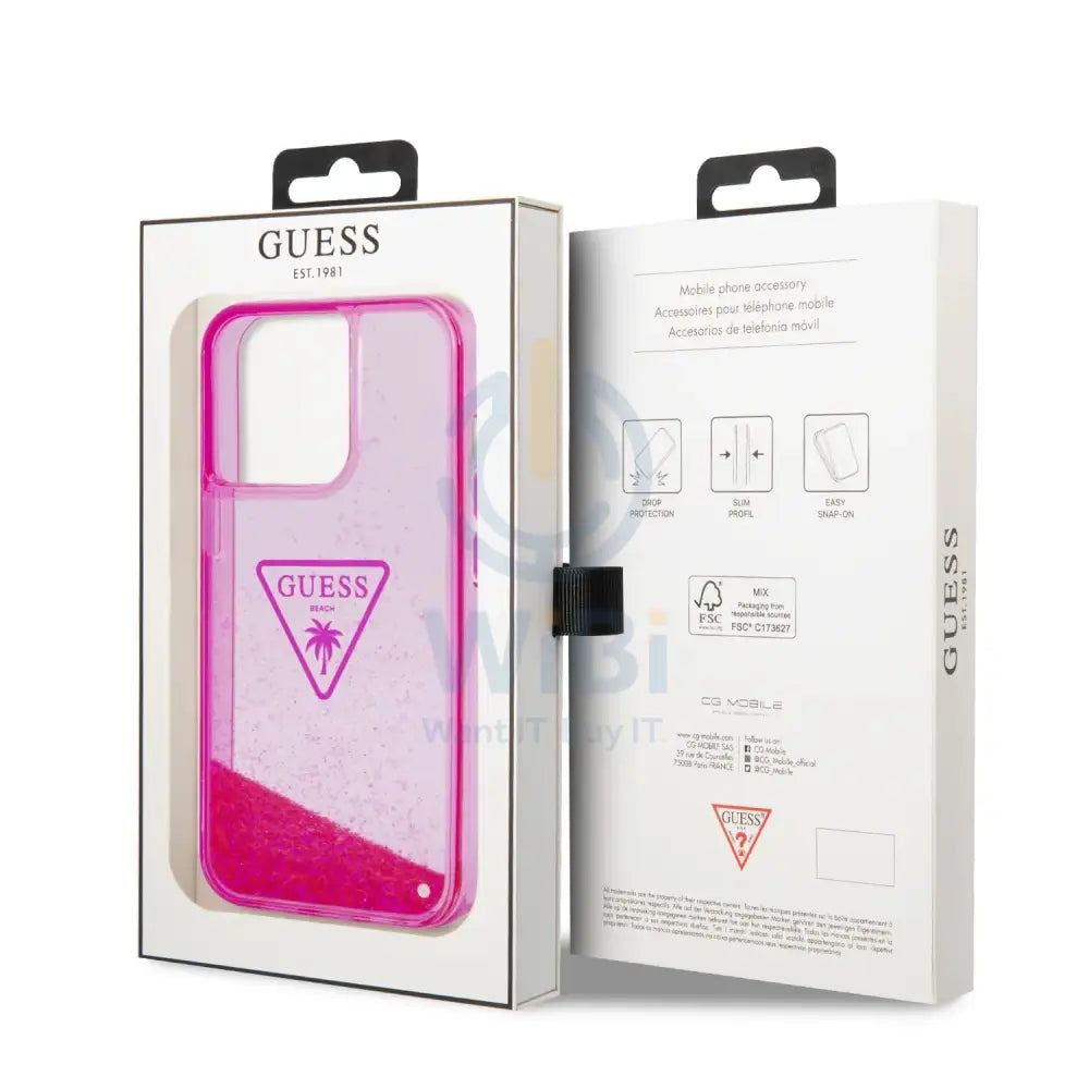 Guess Apple iPhone 14 Pro Liquid Glitter Case With Translucent Triangle Logo - Pink Accessories > Mobiles & Tablets >