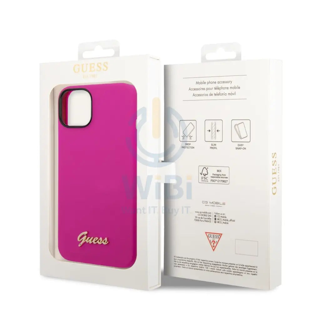 Guess Apple iPhone 14 Pro Liquid Silicone Case with PC Camera Outline & Script Metal Logo - Fuschia Accessories >