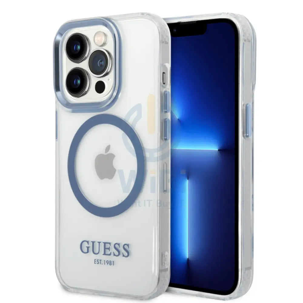 Guess Apple iPhone 14 Pro Magsafe Compatible Translucent Blue Outline & Logo - Blue Accessories > Mobiles & Tablets >