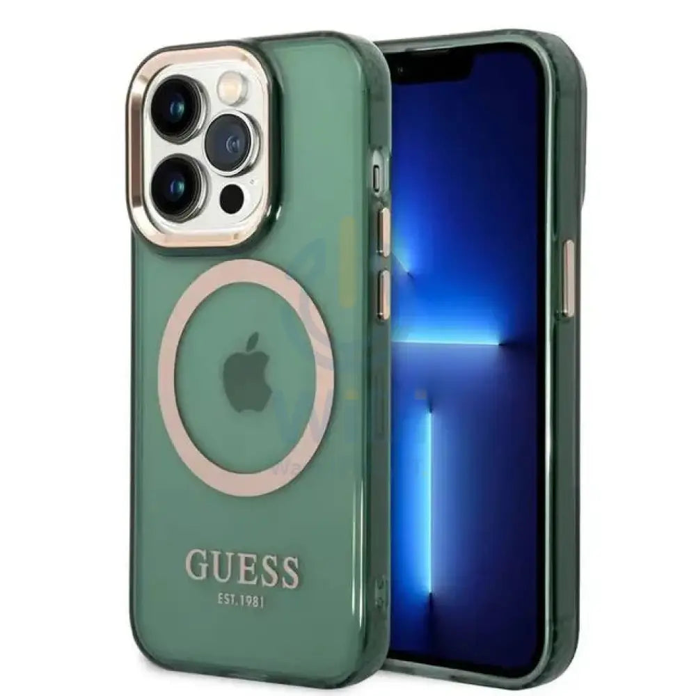 Guess Apple iPhone 14 Pro Magsafe Compatible Translucent Gold Outline & Logo - Green Accessories > Mobiles & Tablets >