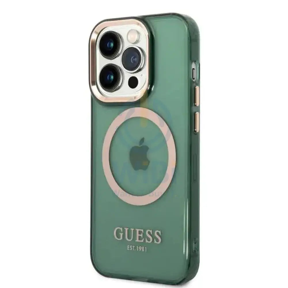 Guess Apple iPhone 14 Pro Magsafe Compatible Translucent Gold Outline & Logo - Green Accessories > Mobiles & Tablets >
