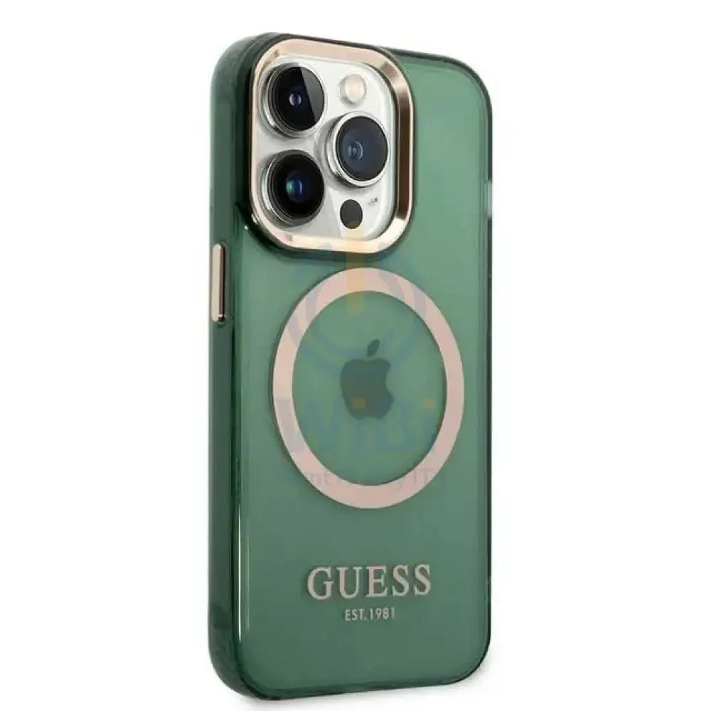 Guess Apple iPhone 14 Pro Magsafe Compatible Translucent Gold Outline & Logo - Green Accessories > Mobiles & Tablets >