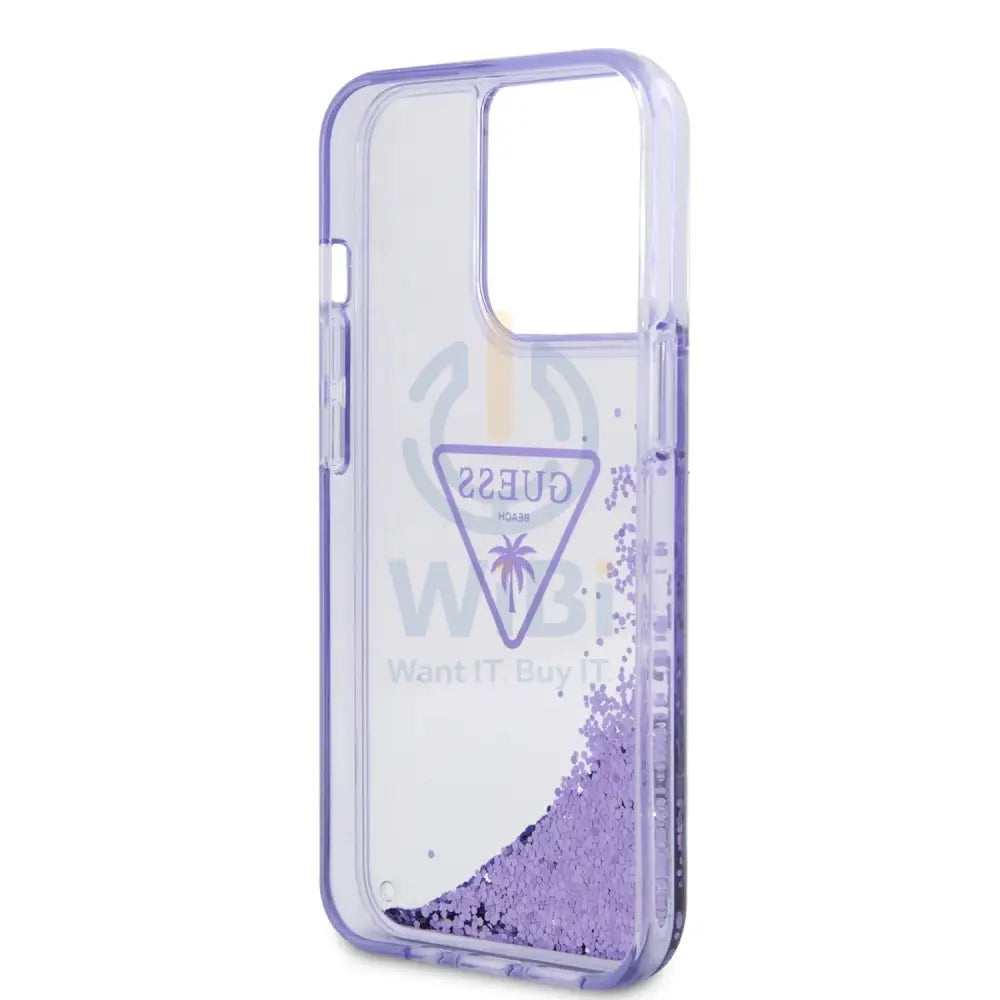 Guess Apple iPhone 14 Pro Max Liquid Glitter Case With Translucent Triangle Logo - Purple Accessories > Mobiles &