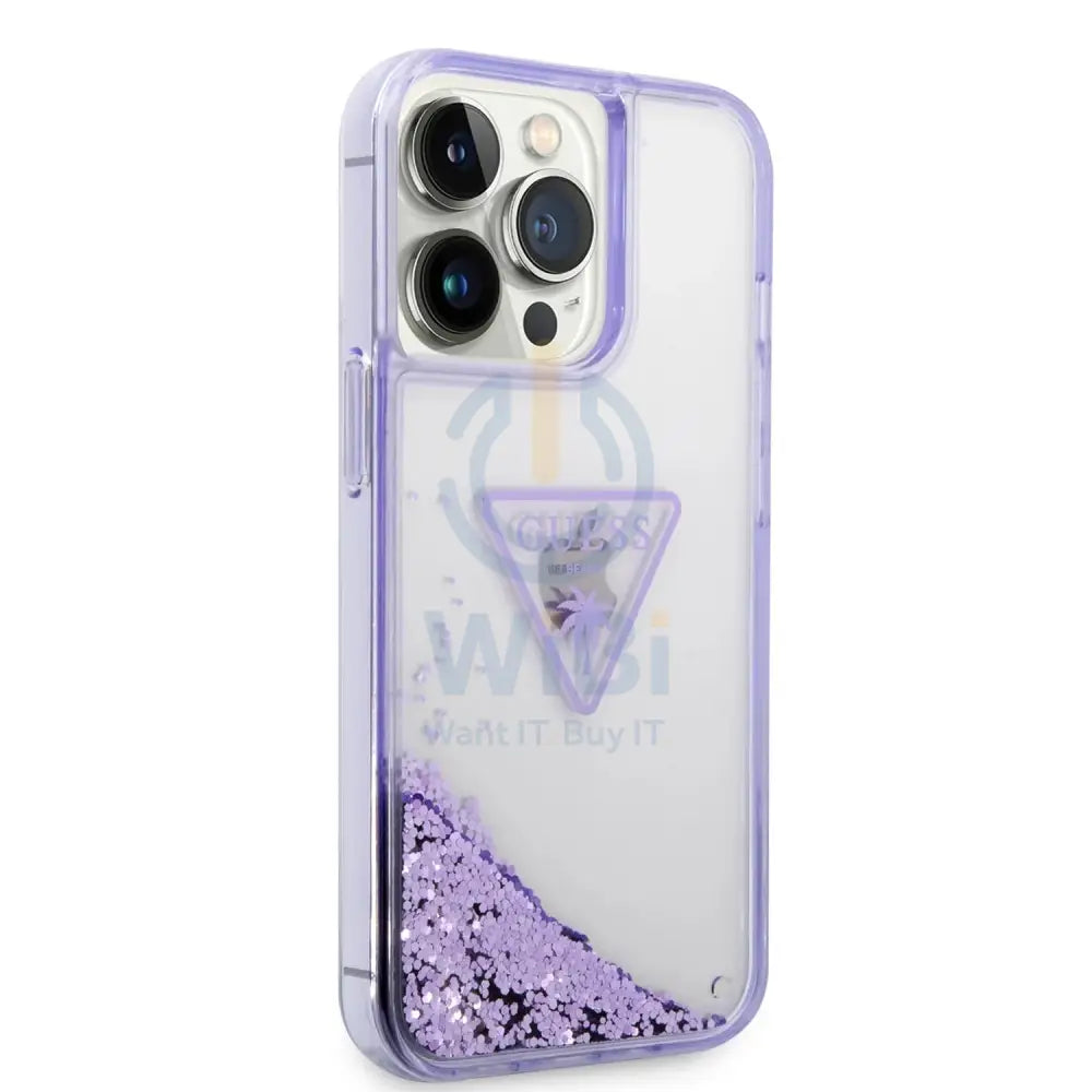 Guess Apple iPhone 14 Pro Max Liquid Glitter Case With Translucent Triangle Logo - Purple Accessories > Mobiles &