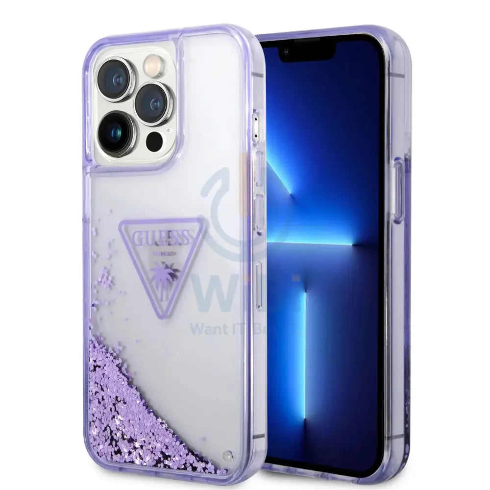 Guess Apple iPhone 14 Pro Max Liquid Glitter Case With Translucent Triangle Logo - Purple Accessories > Mobiles &