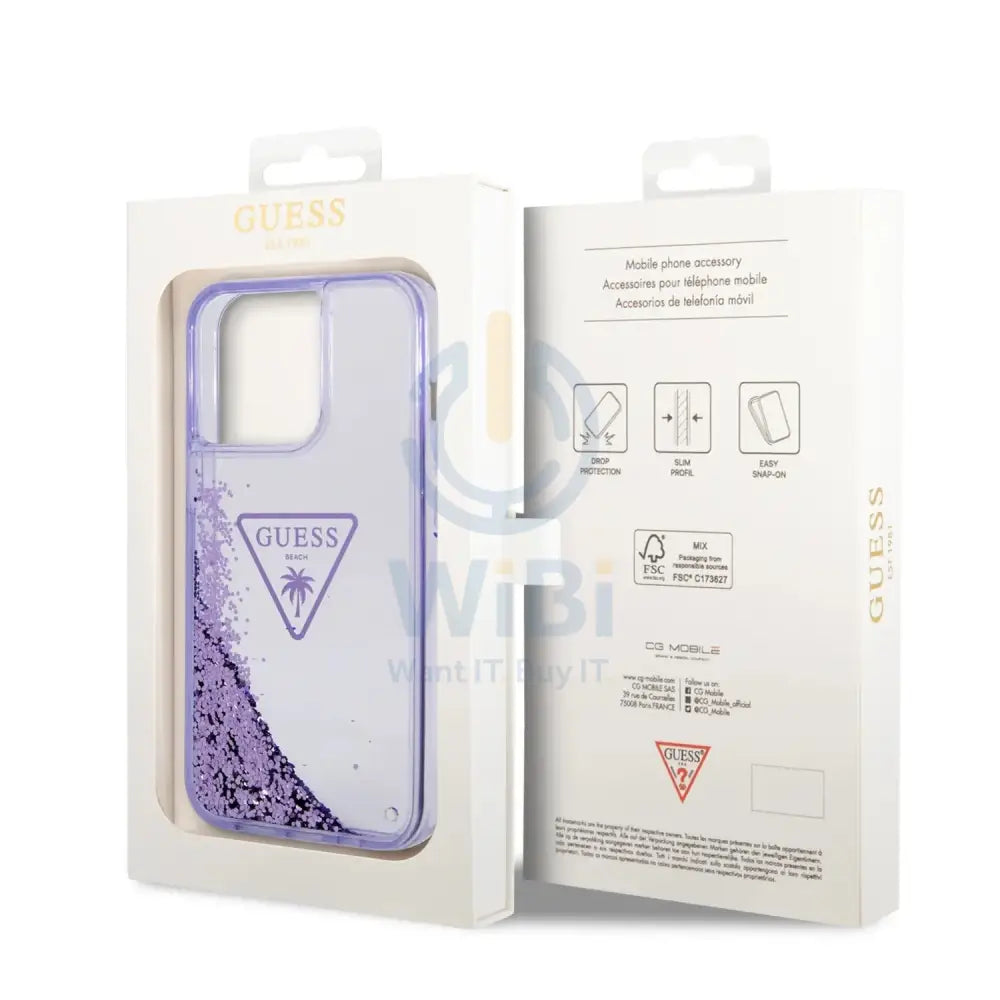 Guess Apple iPhone 14 Pro Max Liquid Glitter Case With Translucent Triangle Logo - Purple Accessories > Mobiles &