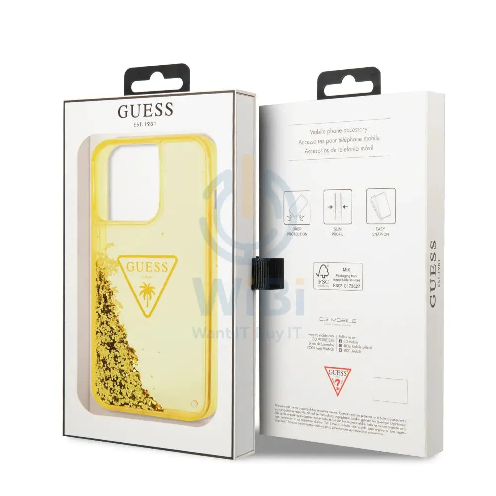 Guess Apple iPhone 14 Pro Max Liquid Glitter Case With Translucent Triangle Logo - Yellow Accessories > Mobiles &