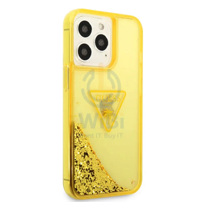 Guess Apple iPhone 14 Pro Max Liquid Glitter Case With Translucent Triangle Logo - Yellow Accessories > Mobiles &