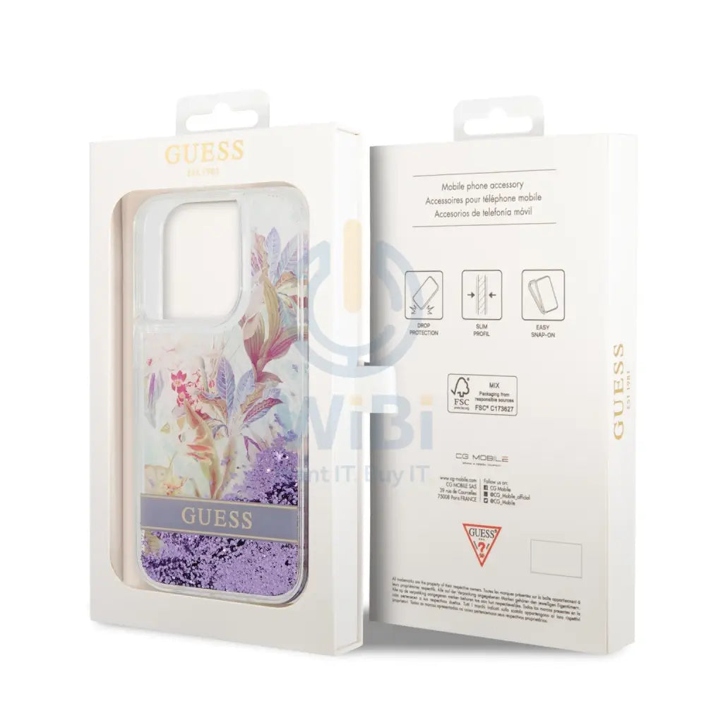 Guess Apple iPhone 14 Pro Max Liquid Glitter Flower Case - Purple Accessories > Mobiles & Tablets > Mobiles