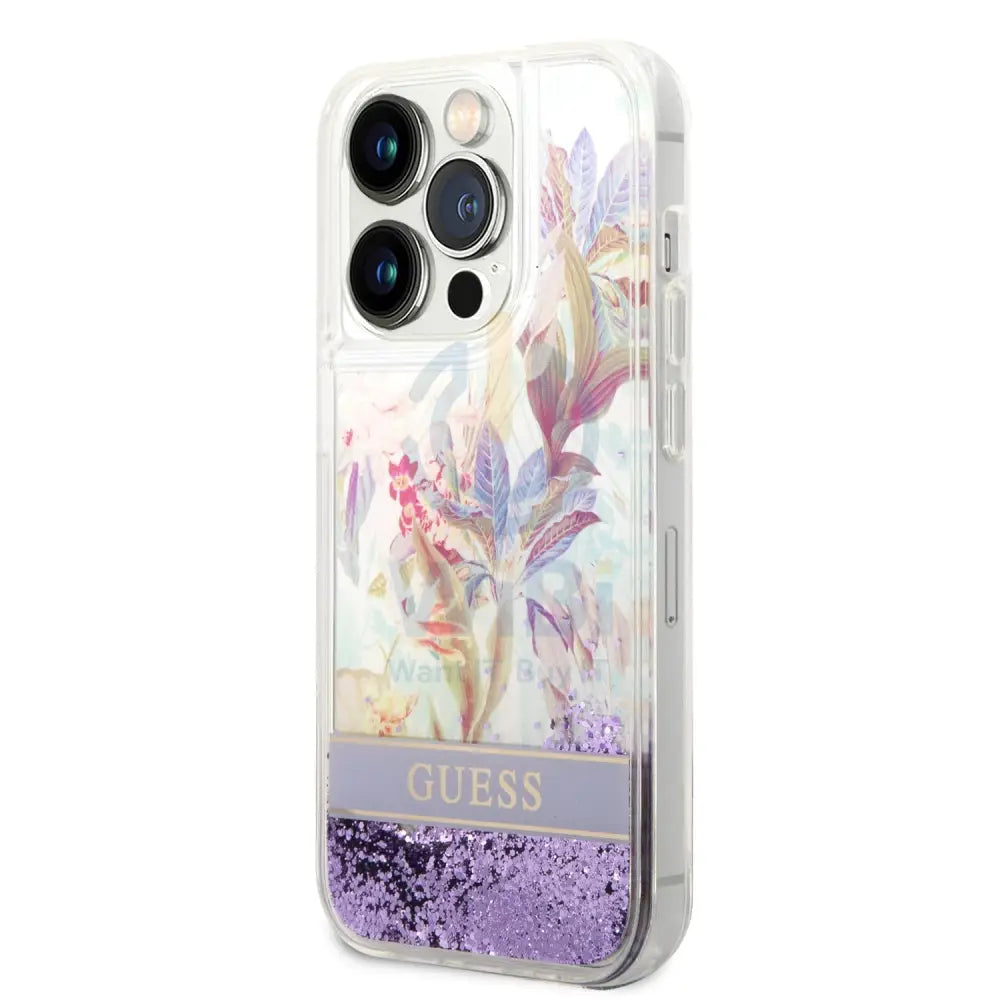 Guess Apple iPhone 14 Pro Max Liquid Glitter Flower Case - Purple Accessories > Mobiles & Tablets > Mobiles