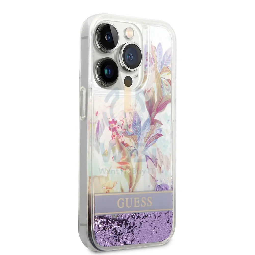 Guess Apple iPhone 14 Pro Max Liquid Glitter Flower Case - Purple Accessories > Mobiles & Tablets > Mobiles