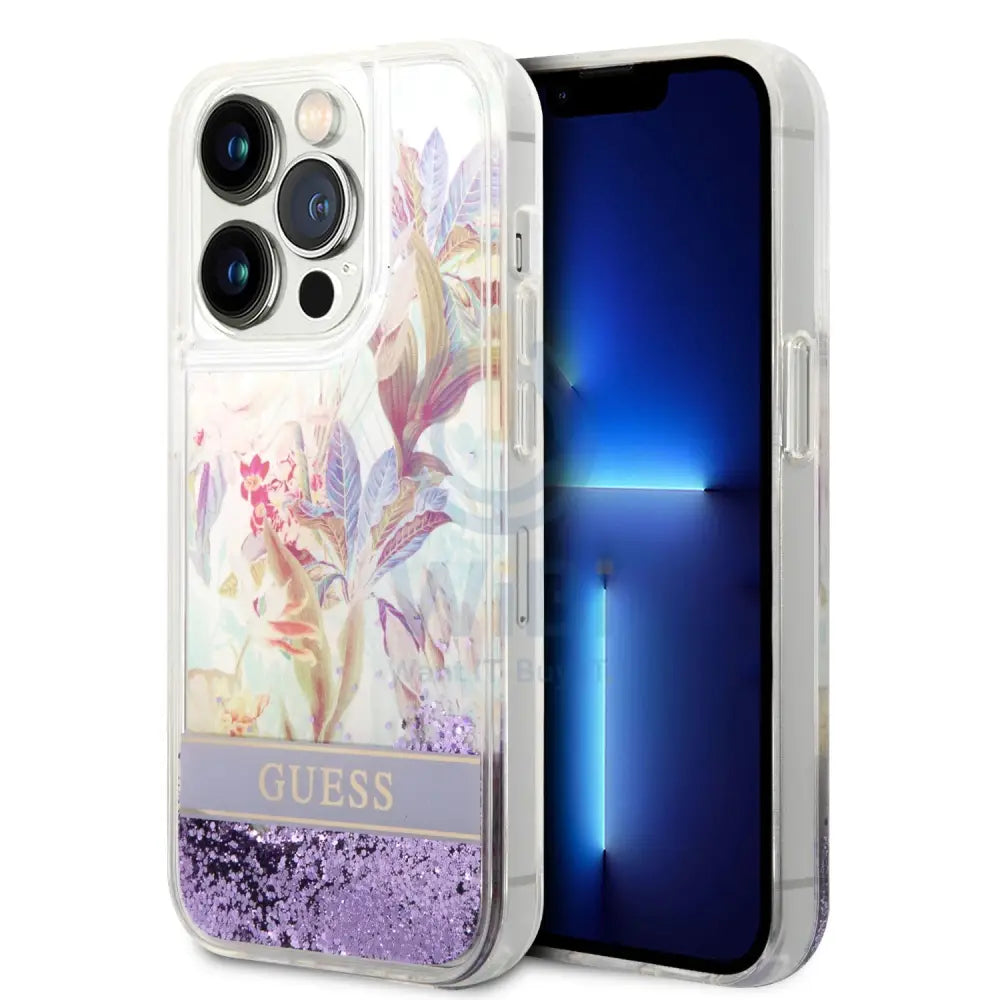 Guess Apple iPhone 14 Pro Max Liquid Glitter Flower Case - Purple Accessories > Mobiles & Tablets > Mobiles