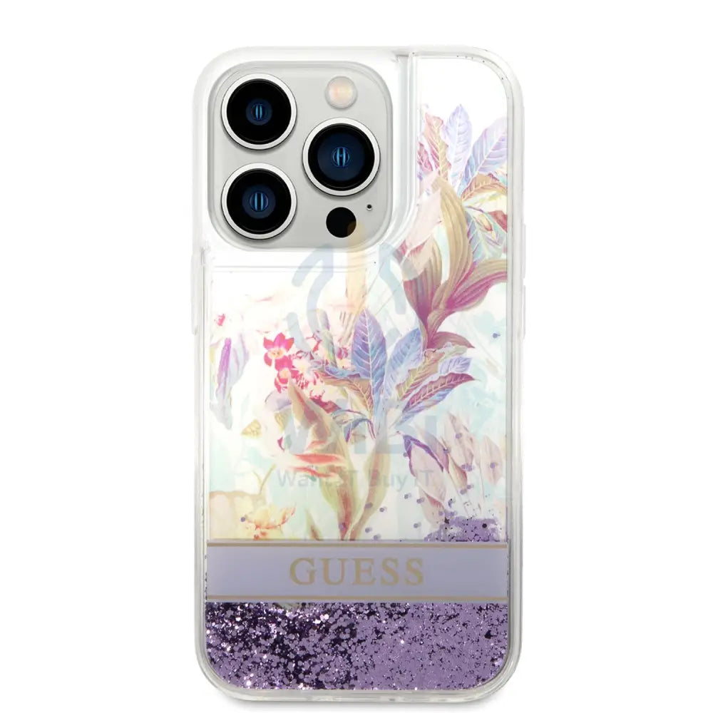 Guess Apple iPhone 14 Pro Max Liquid Glitter Flower Case - Purple Accessories > Mobiles & Tablets > Mobiles