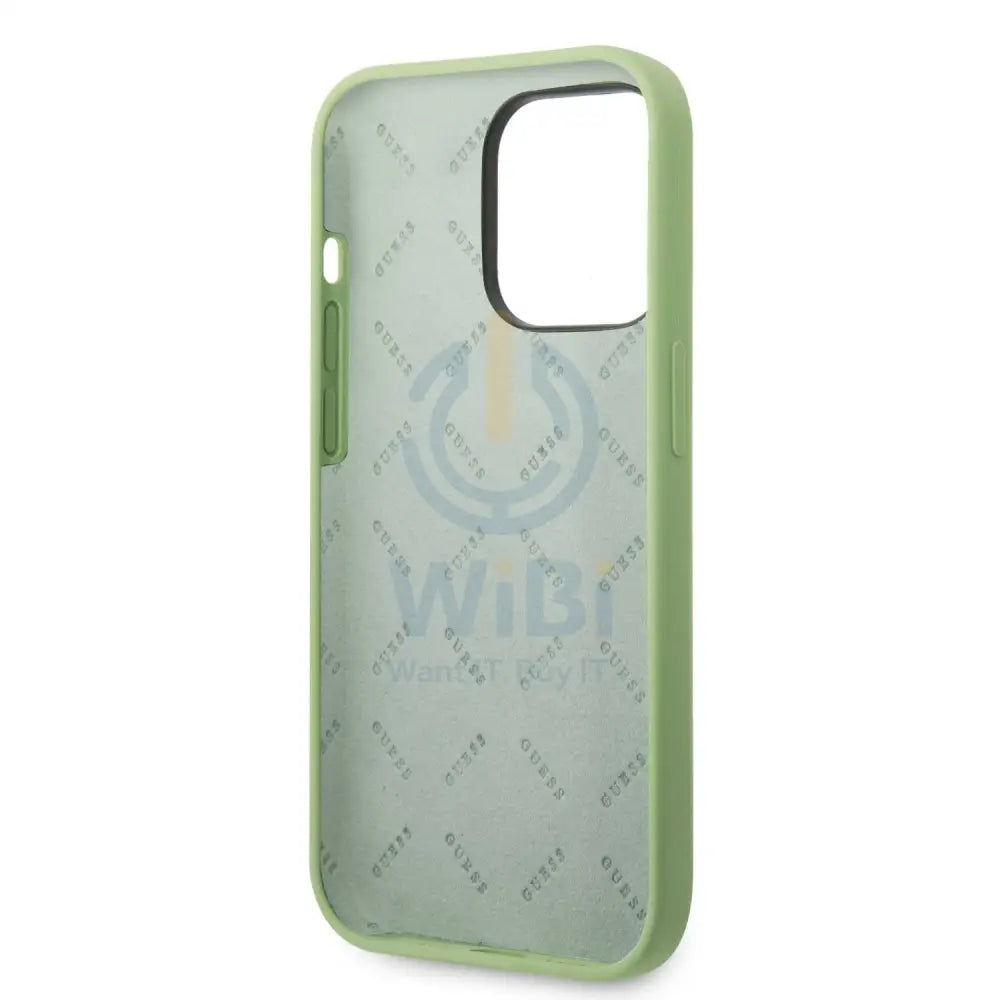 Guess Apple iPhone 14 Pro Max Liquid Silicone Case with PC Camera Outline & Script Metal Logo - Green Accessories >