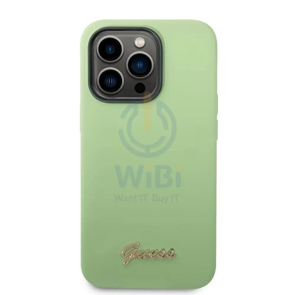 Guess Apple iPhone 14 Pro Max Liquid Silicone Case with PC Camera Outline & Script Metal Logo - Green Accessories >