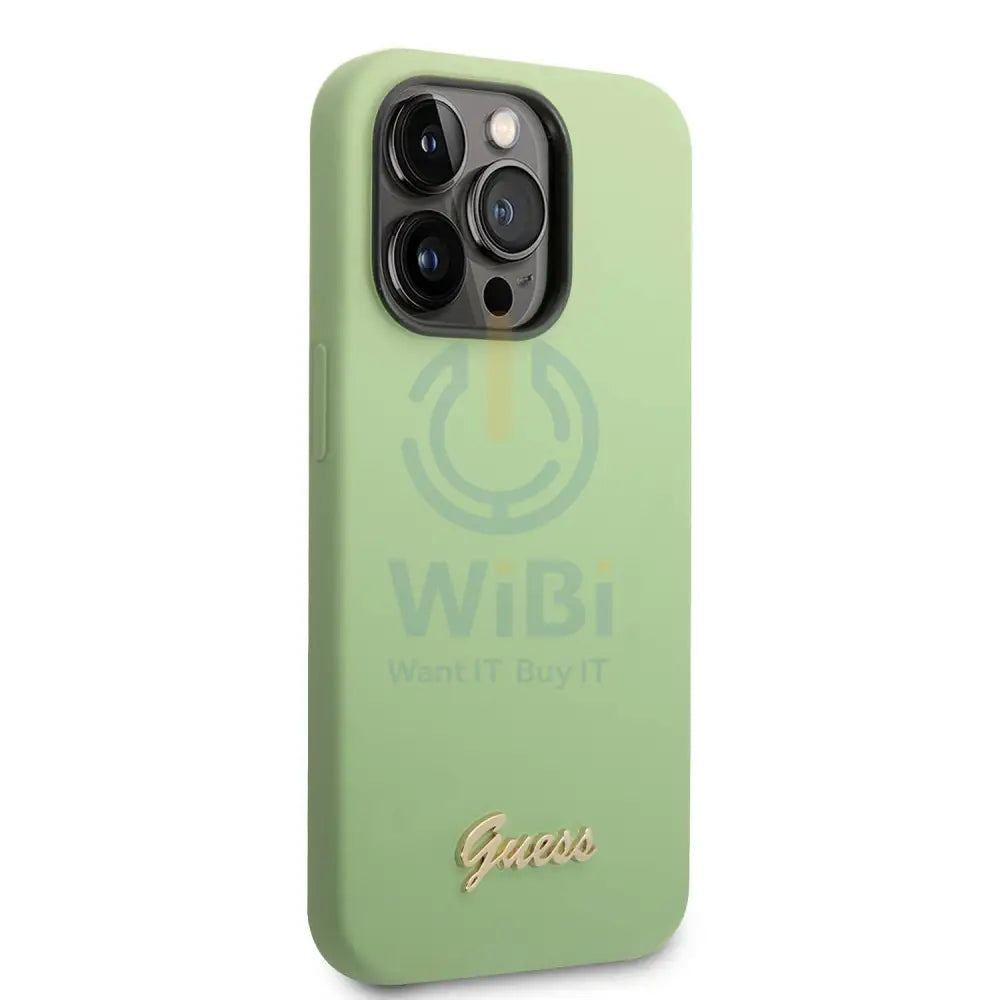 Guess Apple iPhone 14 Pro Max Liquid Silicone Case with PC Camera Outline & Script Metal Logo - Green Accessories >