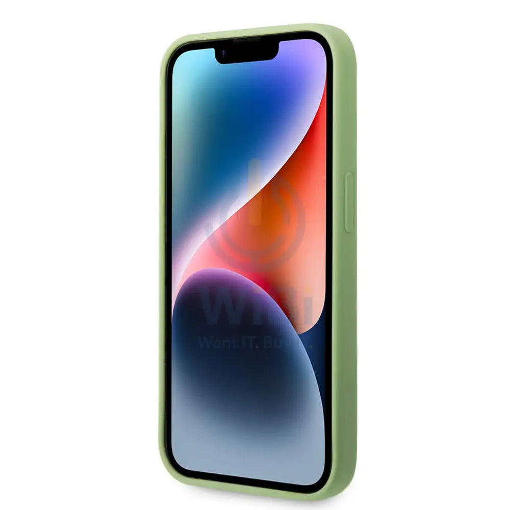 Guess Apple iPhone 14 Pro Max Liquid Silicone Case with PC Camera Outline & Script Metal Logo - Green Accessories >