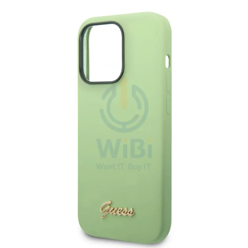Guess Apple iPhone 14 Pro Max Liquid Silicone Case with PC Camera Outline & Script Metal Logo - Green Accessories >