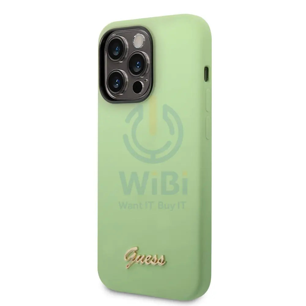 Guess Apple iPhone 14 Pro Max Liquid Silicone Case with PC Camera Outline & Script Metal Logo - Green Accessories >