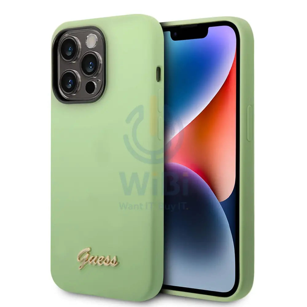 Guess Apple iPhone 14 Pro Max Liquid Silicone Case with PC Camera Outline & Script Metal Logo - Green Accessories >