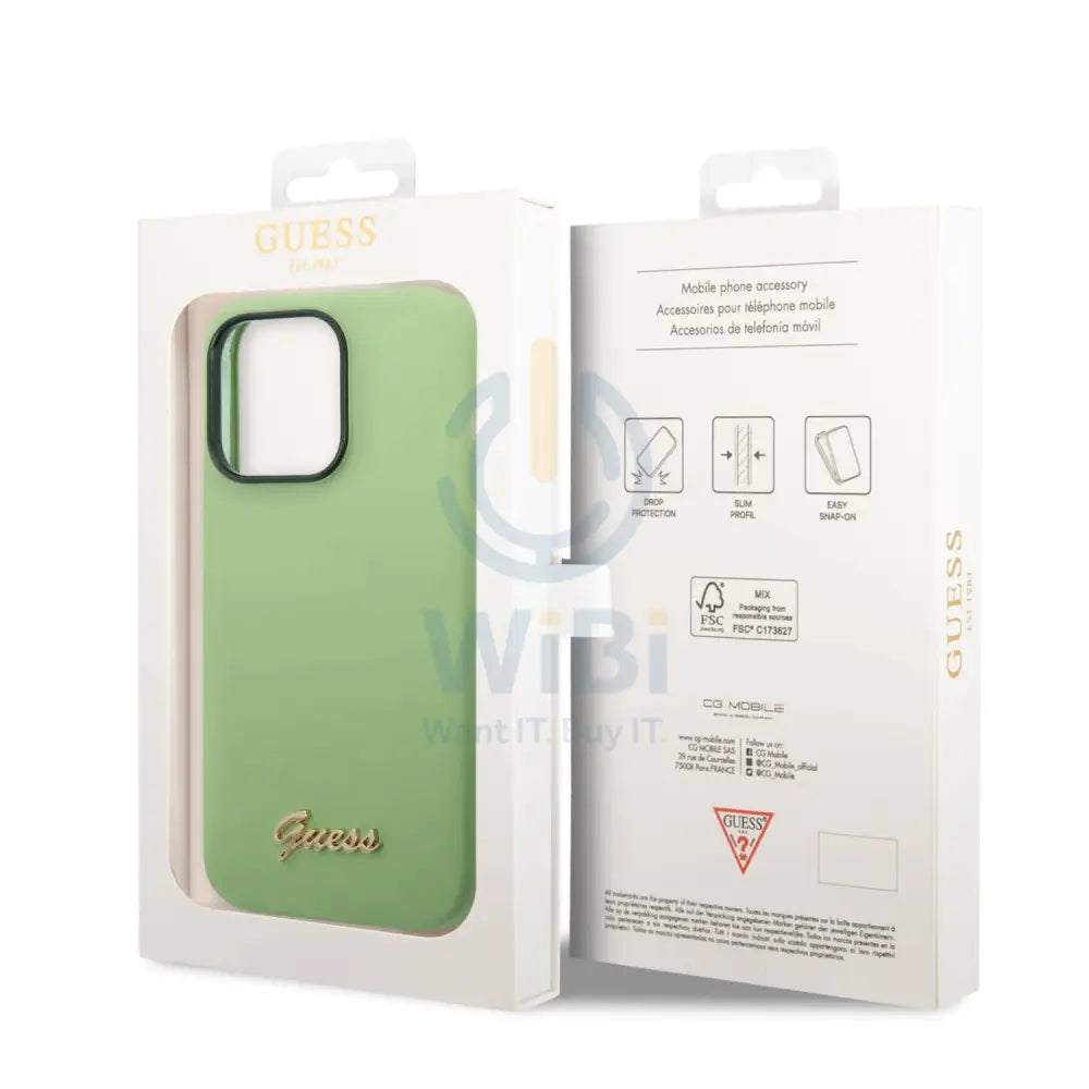 Guess Apple iPhone 14 Pro Max Liquid Silicone Case with PC Camera Outline & Script Metal Logo - Green Accessories >