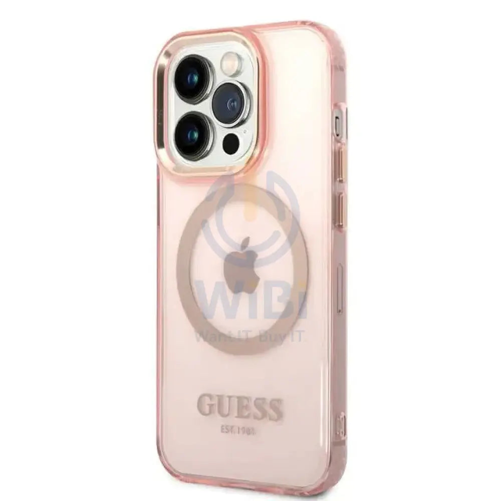 Guess Apple iPhone 14 Pro Max Magsafe Compatible Translucent Gold Outline & Logo - Pink Accessories > Mobiles & Tablets