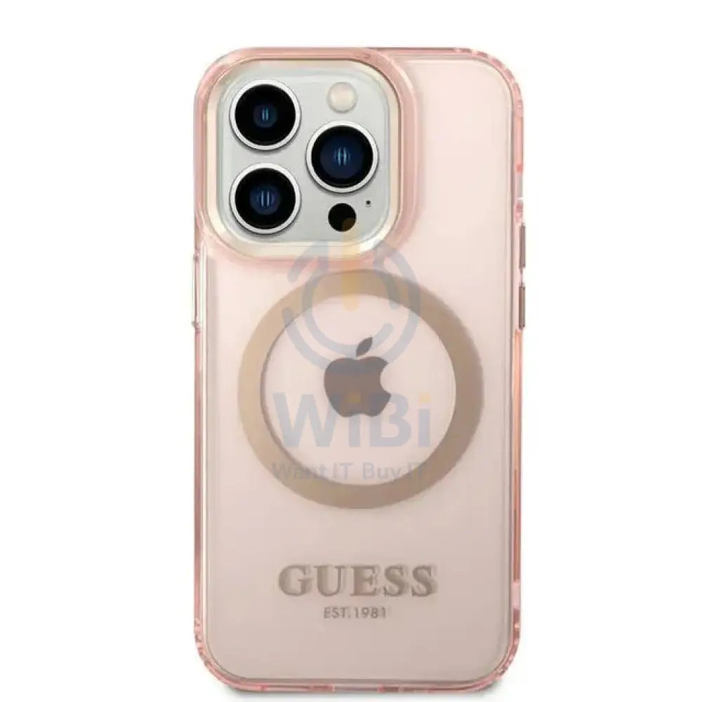 Guess Apple iPhone 14 Pro Max Magsafe Compatible Translucent Gold Outline & Logo - Pink Accessories > Mobiles & Tablets